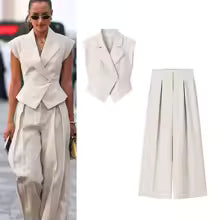 Set 2 Pezzi Donna – Top Slim Colletto Rovesciato & Pantaloni a Gamba Larga | Abito Estivo Chic